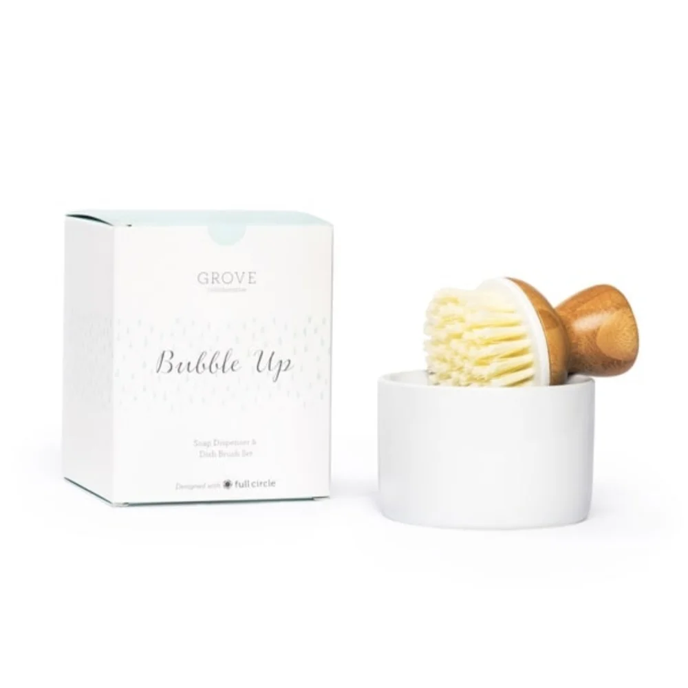 Grove Bamboo Prep Board And Bubble Up Dish Soap Dispenser & Brush